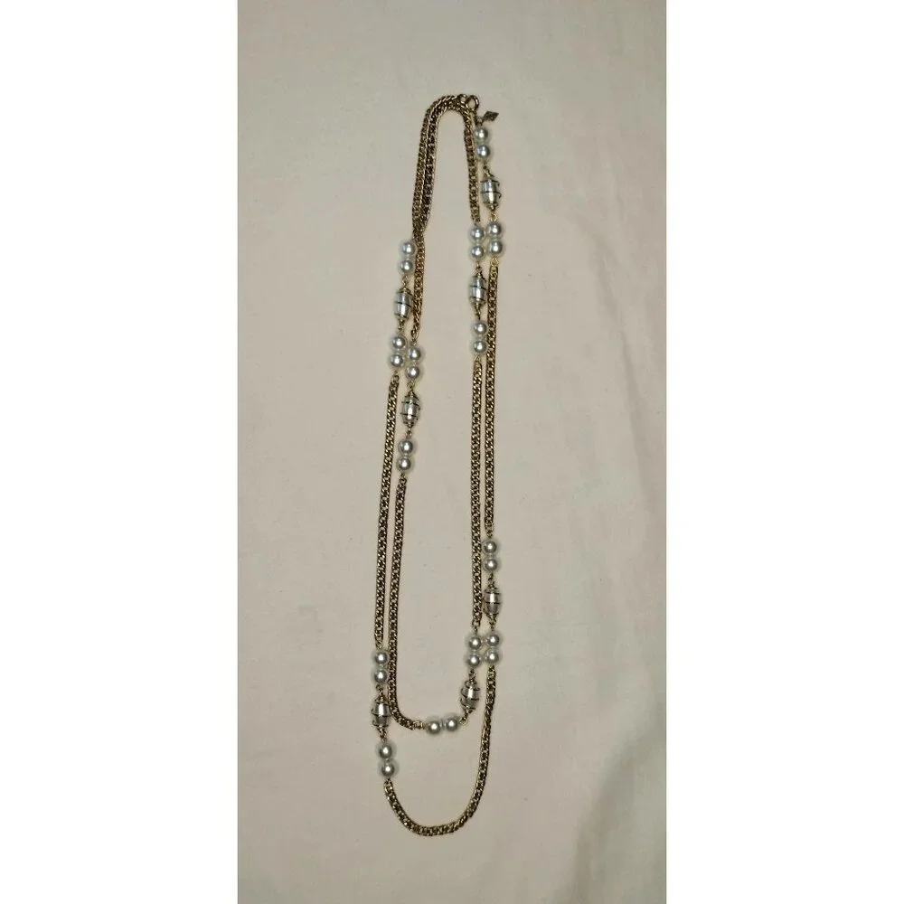 Sarah Coventry Vintage Gold Tone Chain Faux Pearl Pendant Long Necklace Jewelry - Picture 4 of 16